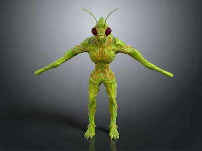 Green Alien Game Movie Character With Antennae Large Red Eyes And Textured Body 3d model