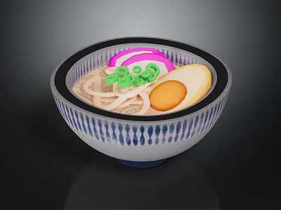 Delicious Ramen Noodles In Blue And White Patterned Bowl With Soft Boiled Egg Green Onions 3d model