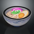 Delicious Ramen Noodles In Blue And White Patterned Bowl With Soft Boiled Egg Green Onions
