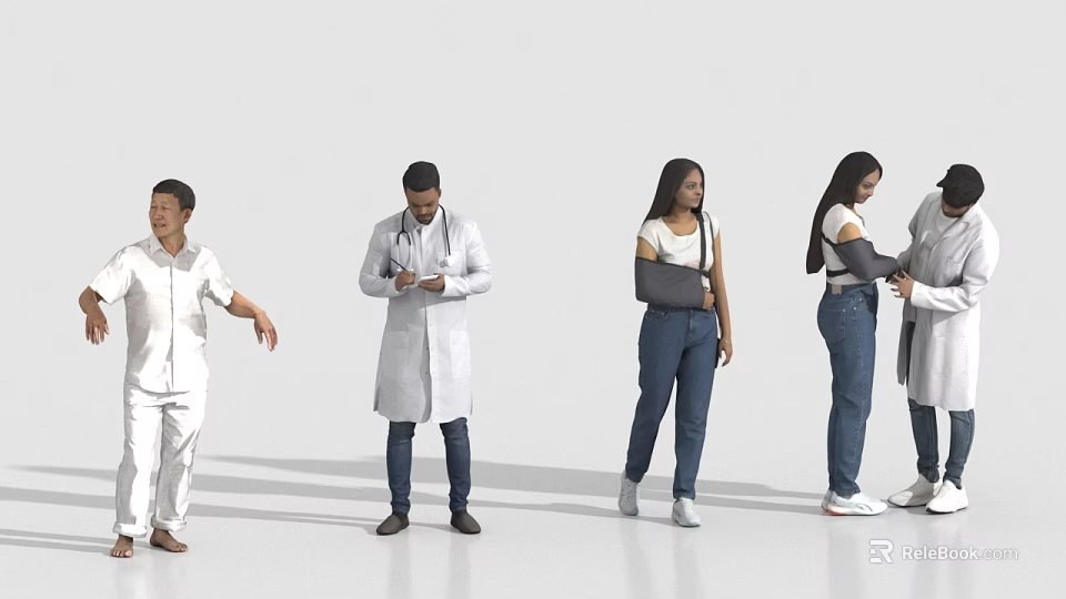 Group of People Including Doctor and Person With Arm Injury in Medical Interaction 3d model 