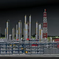 Industrial Plant With Tall Silver Towers Red Metal Structure And Industrial Platforms