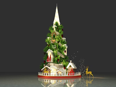 Decorated Christmas Tree With Small Houses Reindeer And Reflection On Floor 3d model