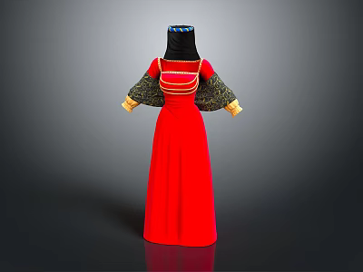 Woman in Red Traditional Dress with Black Headscarf Green Sleeves and Gold Trim 3d model