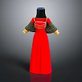 Woman in Red Traditional Dress with Black Headscarf Green Sleeves and Gold Trim