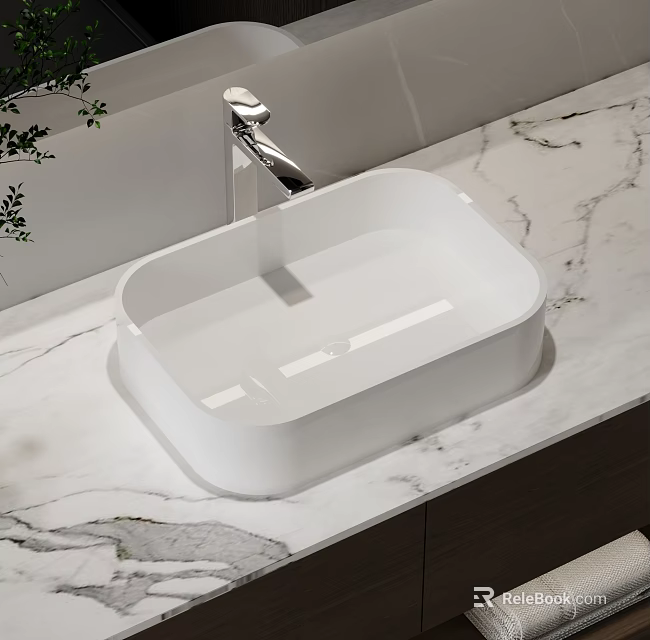 Elegant White Washbasin on Marble Countertop with Modern Chrome Faucet Design 3d model 