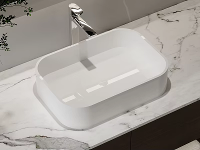 Elegant White Washbasin on Marble Countertop with Modern Chrome Faucet Design 3d model
