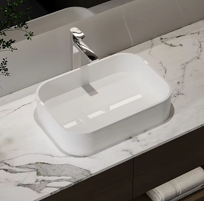 Elegant White Washbasin on Marble Countertop with Modern Chrome Faucet Design 3d model