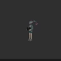 Character In Green Jacket Holding Black Pot With Blue Creature Head And Purple Ribbons
