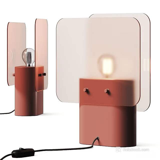 Modern Table Lamp With Reddish Cylindrical Base Translucent Panels And Lit Bulb 3d model