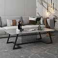 Modern Minimalist Living Room Coffee Table With Gray Tabletop Black Metal Frame And Green Plant