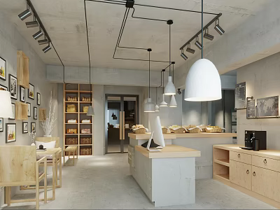 Modern Dessert Shop Interior With Open Kitchen Island And Wooden Cabinets 3d model