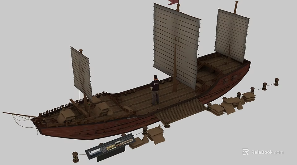 Traditional Wooden Ship Model With White Sails And Figure On Wooden Deck 3d model 