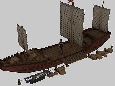 Traditional Wooden Ship Model With White Sails And Figure On Wooden Deck 3d model