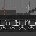 Modern Office Meeting Room Conference Table With Ergonomic Chairs Hanging Lights And Decorative Figures