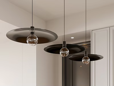 Three Modern Pendant Lights With Black Shades And Glass Bulbs In Kitchen Interior 3d model