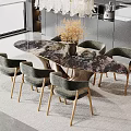 Modern Restaurant Dining Area With Oval Marble Table Grey Chairs Gold Legs And Flower Vase