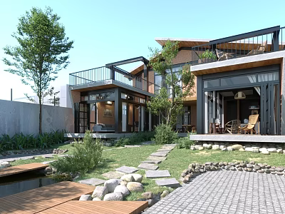 Modern Detached Villa With Wooden Structure Large Glass Windows Garden Stone Path And Terrace 3d model