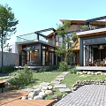 Modern Detached Villa With Wooden Structure Large Glass Windows Garden Stone Path And Terrace