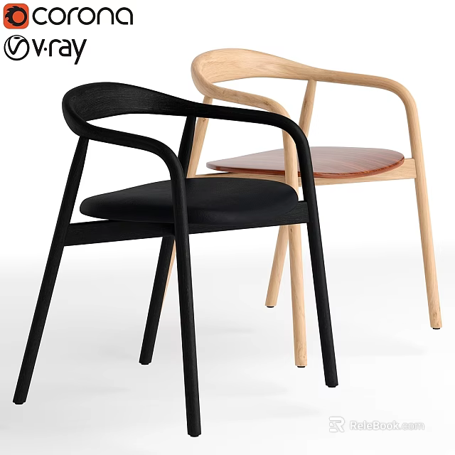 Modern Minimalist Single Chair With Curved Armrest Black And Light Wood Design 3d model 
