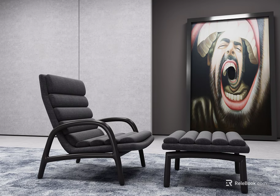 Modern Gray Leisure Chair With Matching Ottoman And Large Colorful Painting In Minimalist Space 3d model 