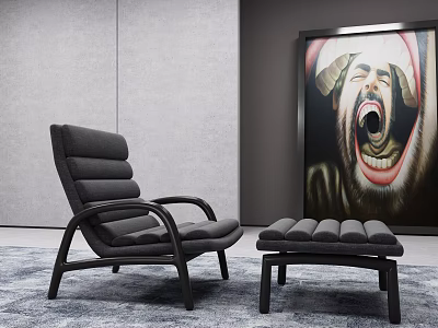 Modern Gray Leisure Chair With Matching Ottoman And Large Colorful Painting In Minimalist Space 3d model