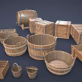 Rustic Wooden Decorative Ornament Set With Barrels Boxes Basins And Trays 3d model