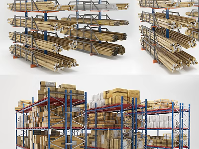 Multi Tiered Metal Frame Display Shelves Storing Boxes In Warehouse Setting 3d model