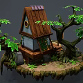 Cartoon Treehouse Scene With Wooden Structure Big Trees Stone Stairs And Green Plants