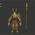 Mythical Horned Character And Red Skin Creature With Decorative Golden Armor Red Spear