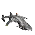 Futuristic Aircraft with Sleek Gray Body Unique Wing Structure Orange Accents and Detailed Weapon Systems