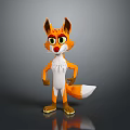 Animated Fox Game Character with Orange White Fur Yellow Eyes Standing Pose Fluffy Tail Hands on Hips
