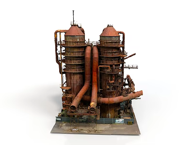 Industrial Equipment Featuring Two Tall Cylindrical Towers Rusty Surface And Connected Metal Pipes 3d model