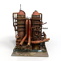 Industrial Equipment Featuring Two Tall Cylindrical Towers Rusty Surface And Connected Metal Pipes