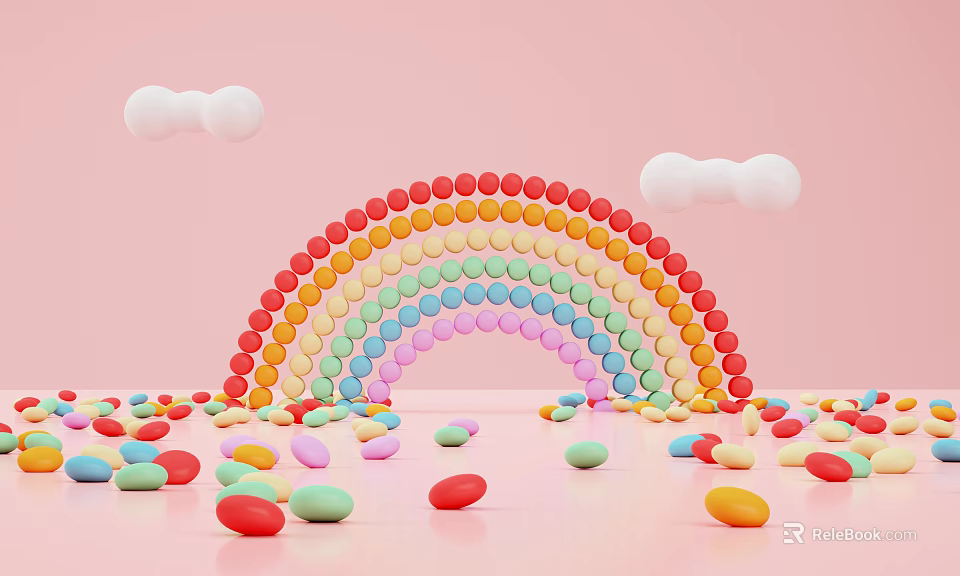 Rainbow Shaped Candy Arch With Scattered Colorful Candies Pink Background White Clouds 3d model 