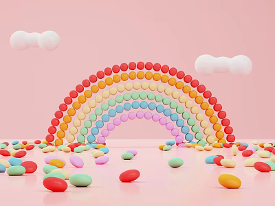 Rainbow Shaped Candy Arch With Scattered Colorful Candies Pink Background White Clouds 3d model