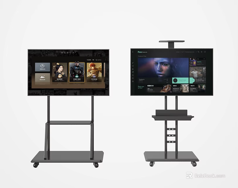 Smart TVs on Wheeled Stands with Interactive Screen Displays Showing Media Content 3d model