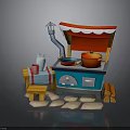 Cute Mini Kitchen Scene Components With Blue Stove Red Pot Chimney Stool Bottle And Cup