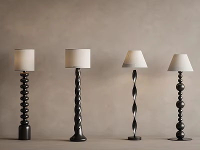 Modern Floor Lamps Featuring Spiral and Spherical Stacked Bases Against Neutral Wall 3d model