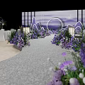 Elegant Banquet Hall Featuring Purple Flowers White Curved Arch and Decorative Tables