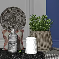 Decorative Ornament Set With Circular Woven Plate Green Plant Throw Pillow And Wicker Basket