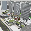 Urban Commercial Complex With High Rise Towers Connecting Walkways And Open Plazas