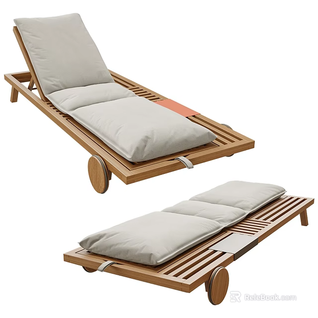 Wooden Lounge Chair with Light Gray Cushions and Movable Wheels for Patio 3d model 