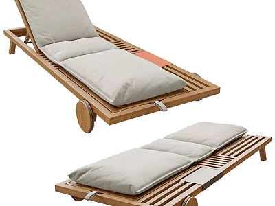 Wooden Lounge Chair with Light Gray Cushions and Movable Wheels for Patio 3d model