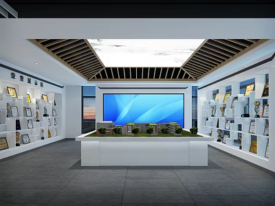 Modern Showroom Interior Design With Display Shelves Large Screen And Model Display Platform 3d model