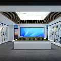 Modern Showroom Interior Design With Display Shelves Large Screen And Model Display Platform