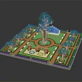 Detailed Miniature Natural Garden With Green Lawn Tall Tree Blue Water Feature And Pathways