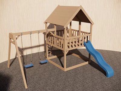 Wooden Playground Equipment with Playhouse Platform Two Swings and Blue Slide 3d model