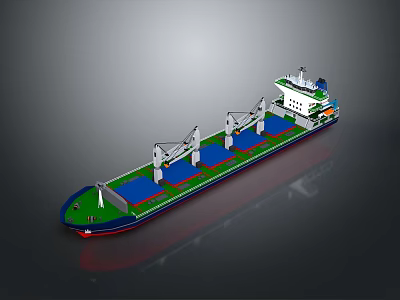 Large Cargo Ship With Multiple Cranes On Deck And Green Blue Hull Structure 3d model