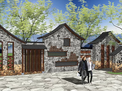 Traditional Building Exterior Wall With Stone Texture And Wooden Elements In Courtyard With Trees 3d model