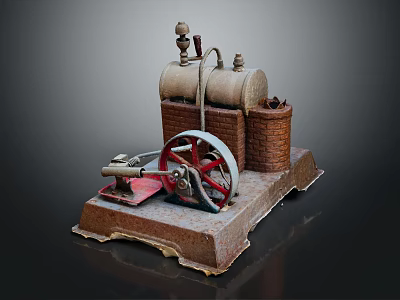 Antique Mechanical Steam Device Featuring Iron Boiler Red Wheel And Brick Base Structure 3d model